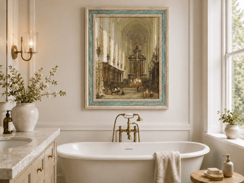 Landscape Oil Painting - Grand Cathedral Interior with Figures