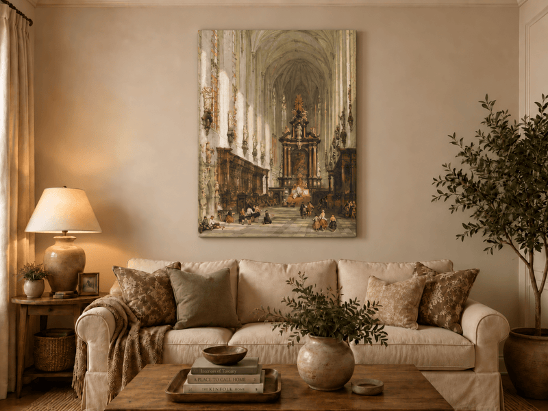 Landscape Oil Painting - Grand Cathedral Interior with Figures