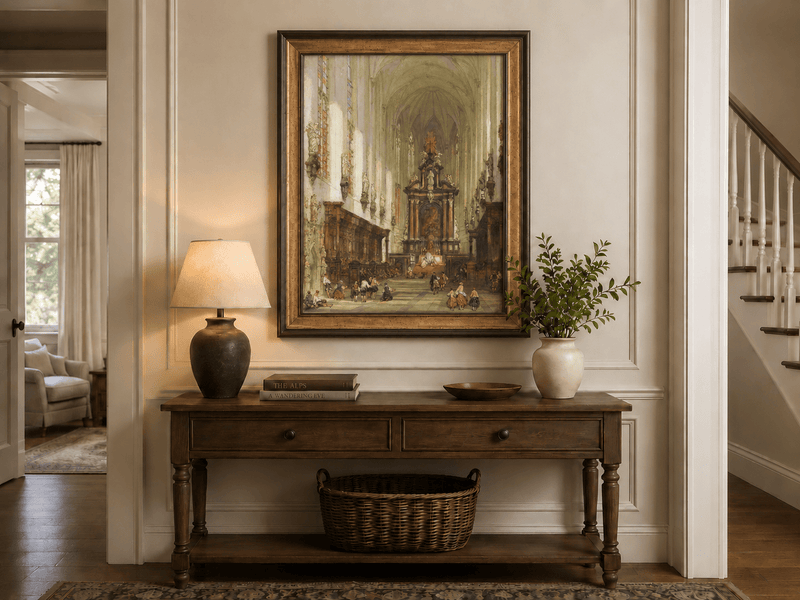 Landscape Oil Painting - Grand Cathedral Interior with Figures