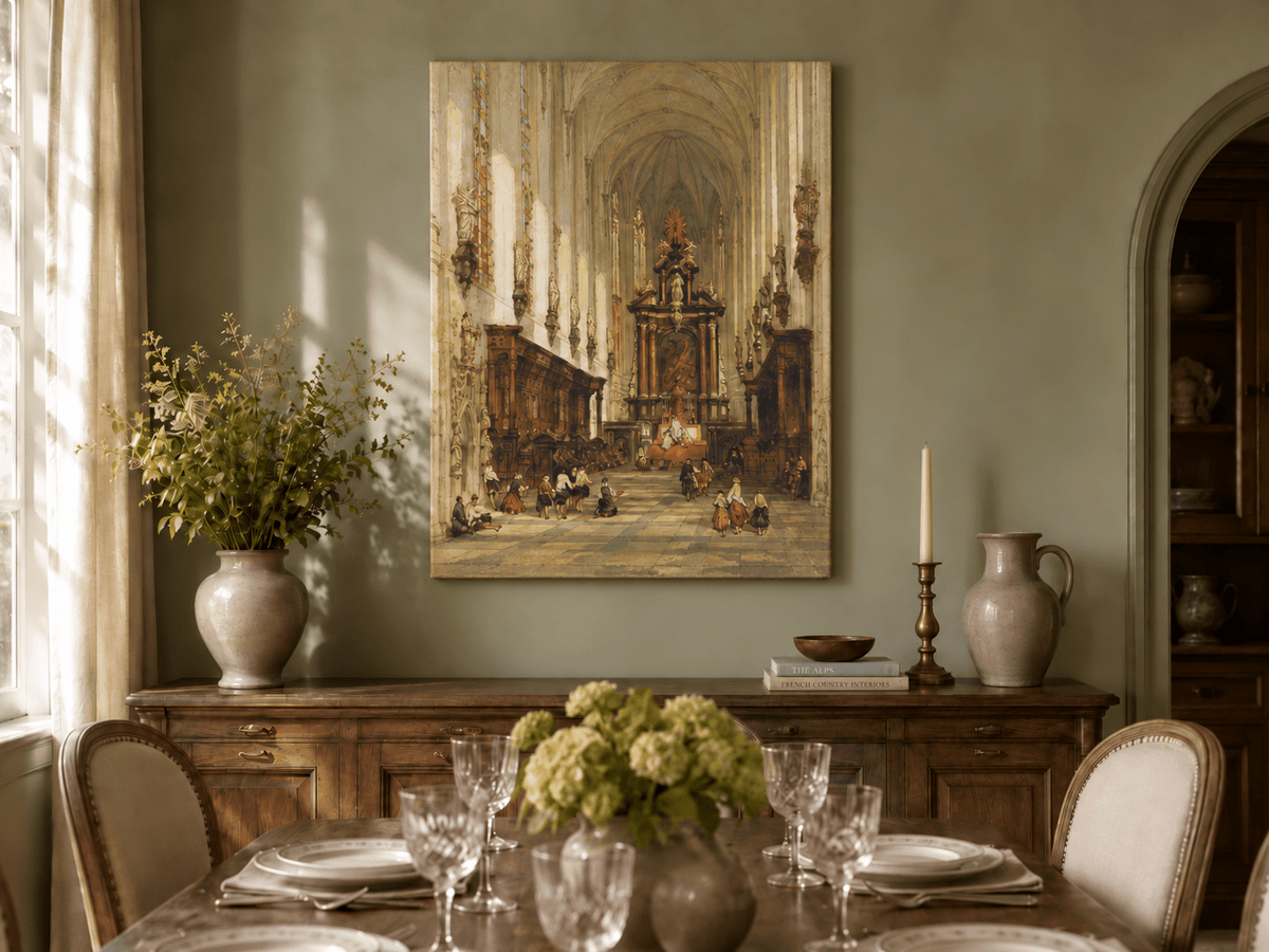 Landscape Oil Painting - Grand Cathedral Interior with Figures