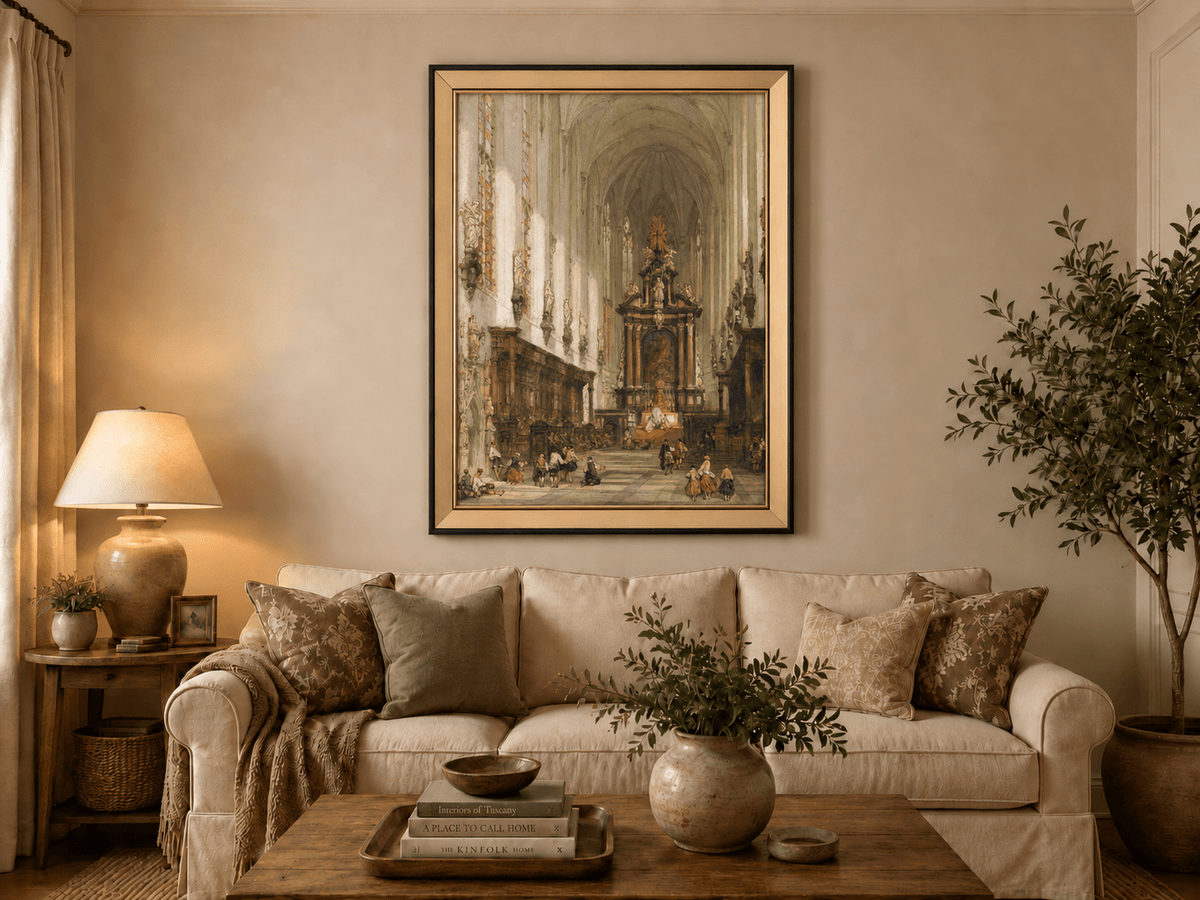 Landscape Oil Painting - Grand Cathedral Interior with Figures