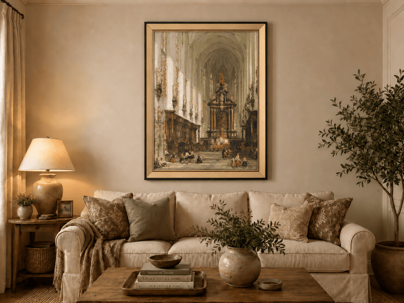 Landscape Oil Painting - Grand Cathedral Interior with Figures