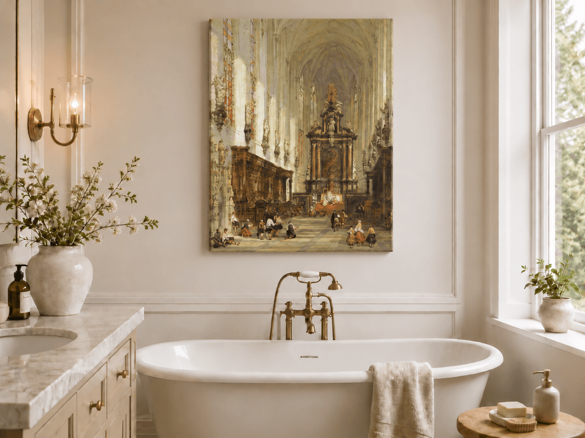 Landscape Oil Painting - Grand Cathedral Interior with Figures