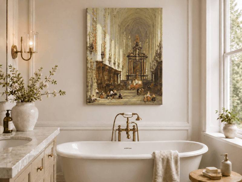 Landscape Oil Painting - Grand Cathedral Interior with Figures