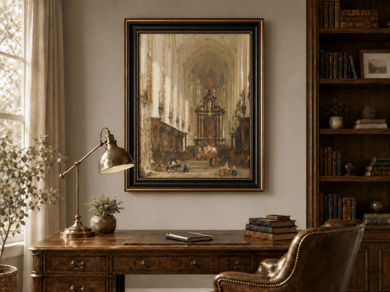 Landscape Oil Painting - Grand Cathedral Interior with Figures