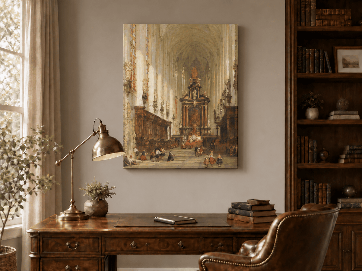 Landscape Oil Painting - Grand Cathedral Interior with Figures