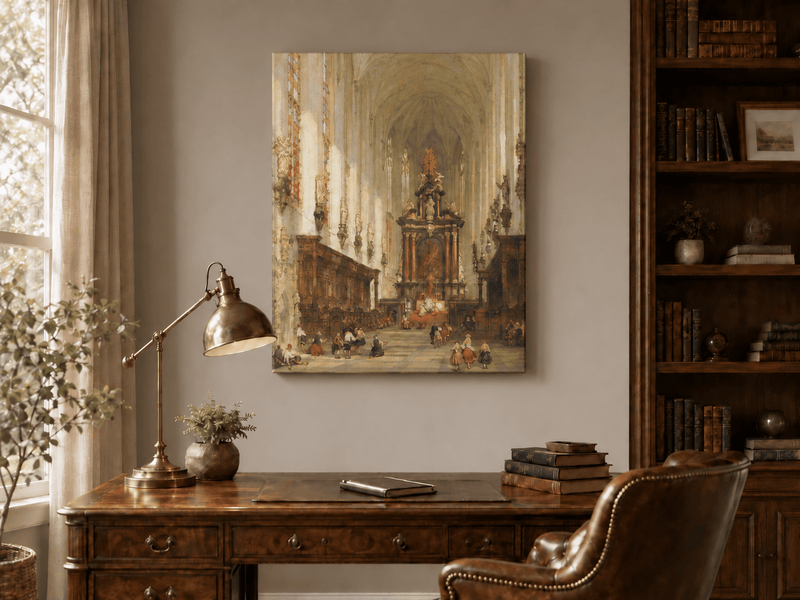 Landscape Oil Painting - Grand Cathedral Interior with Figures