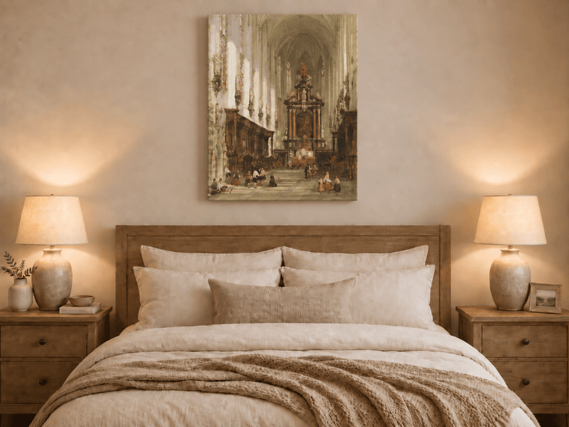 Landscape Oil Painting - Grand Cathedral Interior with Figures