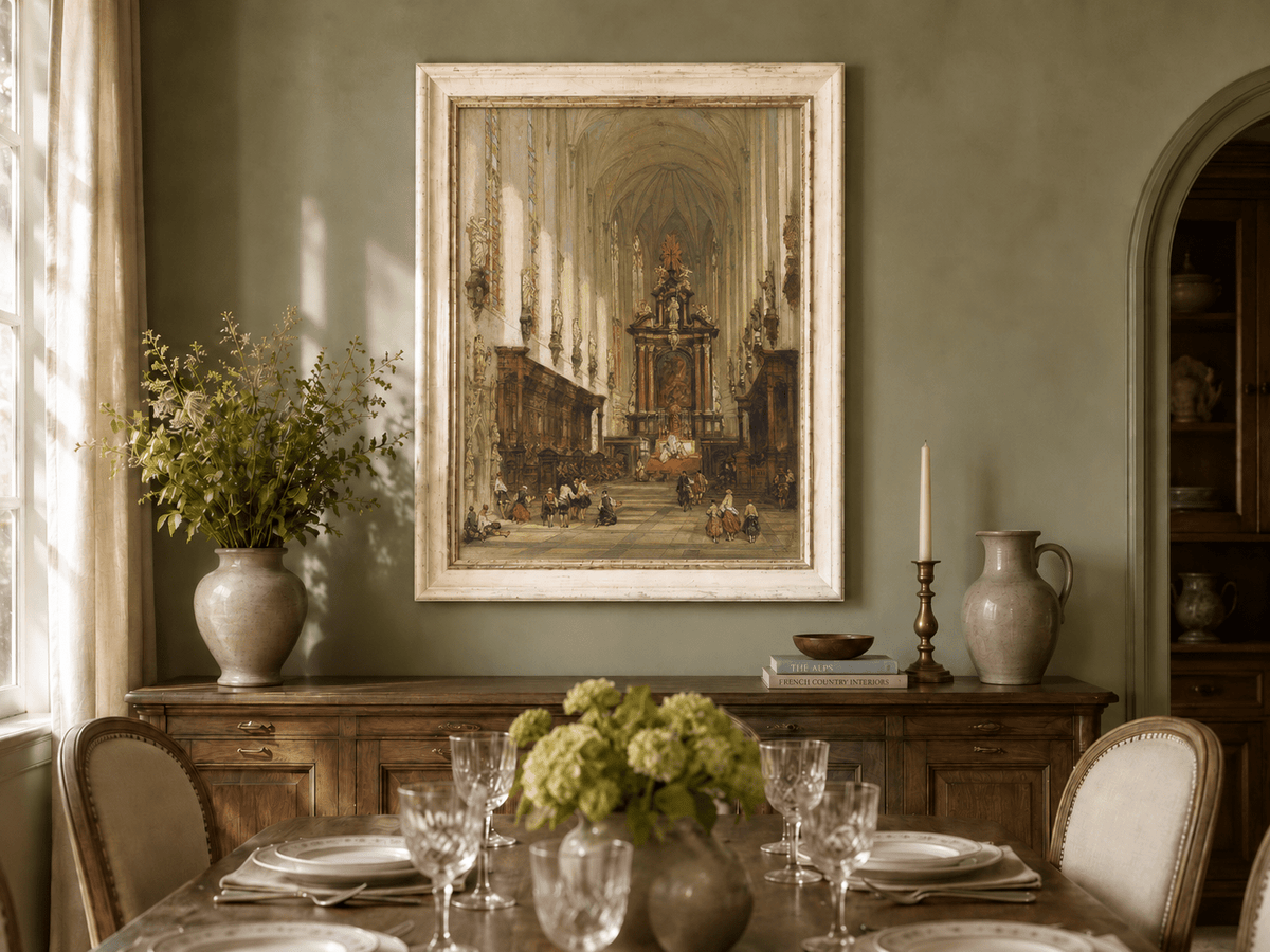 Landscape Oil Painting - Grand Cathedral Interior with Figures