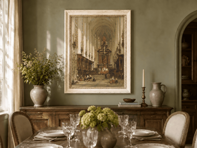 Landscape Oil Painting - Grand Cathedral Interior with Figures