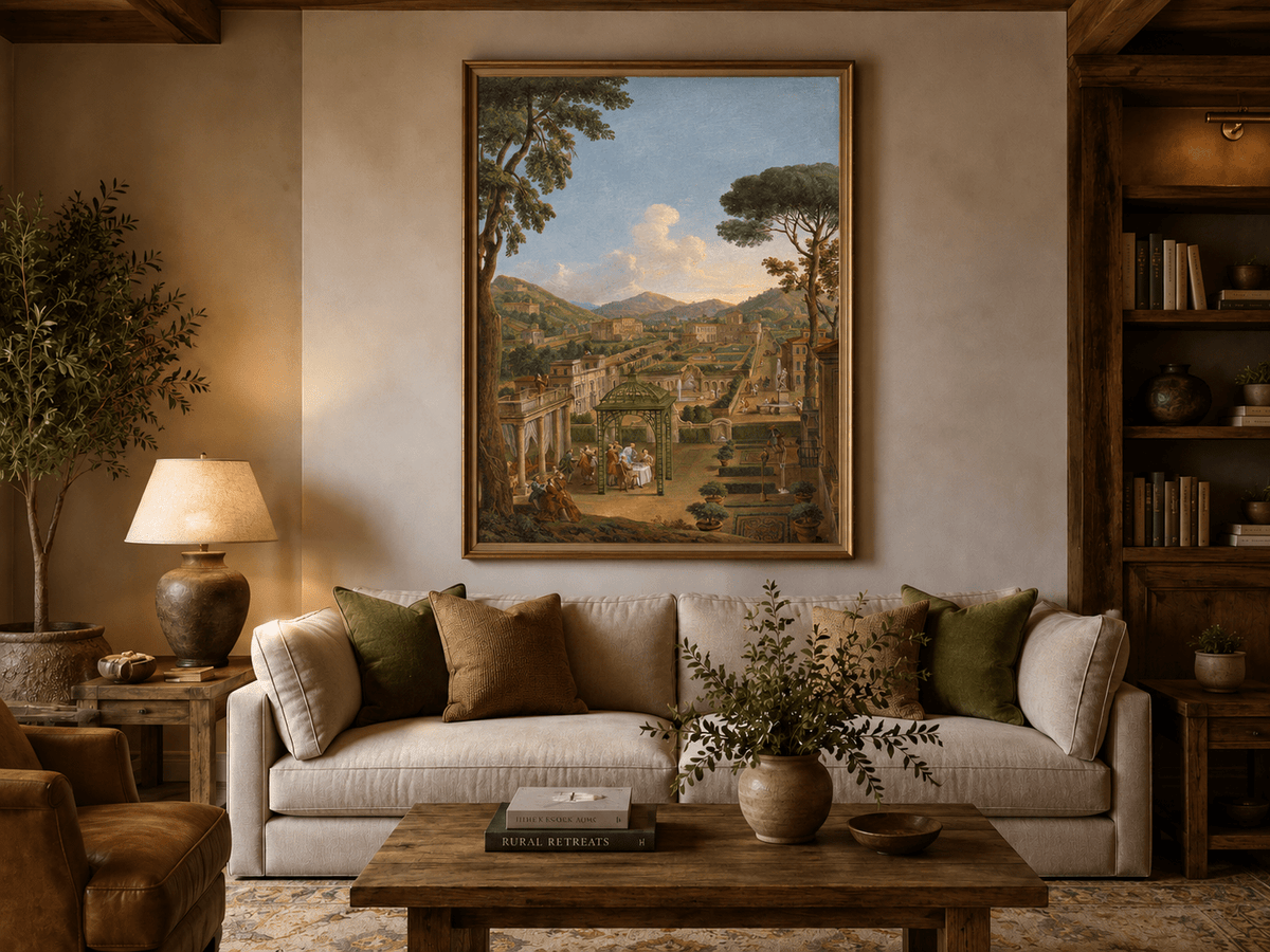 Landscape Oil Painting - Grand Garden with Figures & Buildings