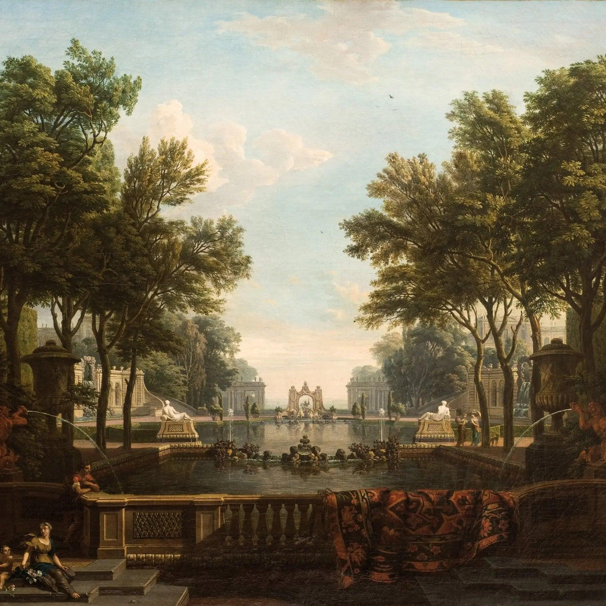 Landscape Oil Painting - Grand Garden with Fountains & Figures - Oil Painting Haven
