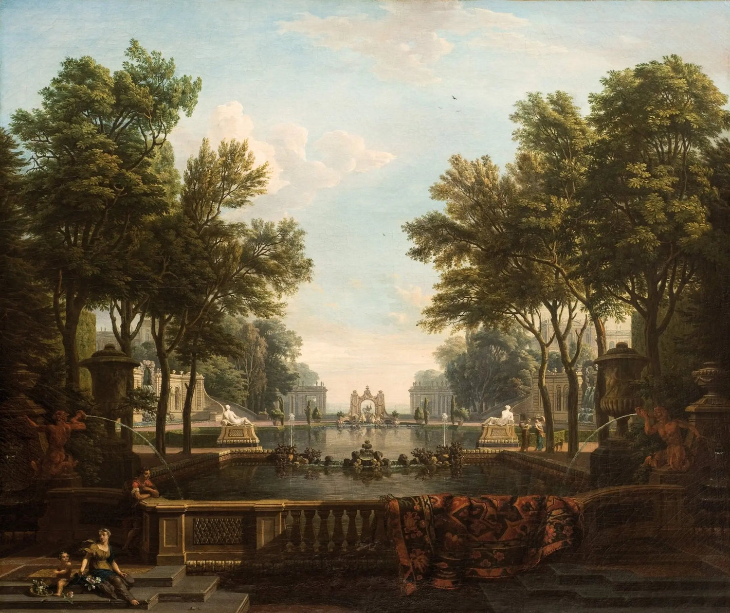 Landscape Oil Painting - Grand Garden with Fountains & Figures - Oil Painting Haven