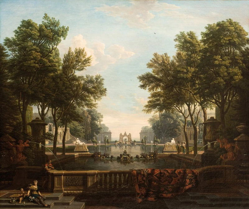 Landscape Oil Painting - Grand Garden with Fountains & Figures - Oil Painting Haven