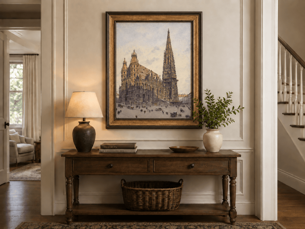 Landscape Oil Painting - Grand Gothic Cathedral Square City Life