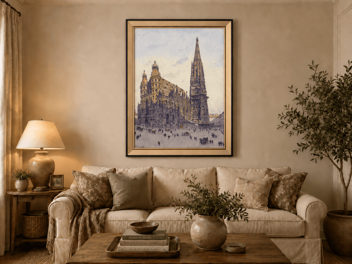Landscape Oil Painting - Grand Gothic Cathedral Square City Life