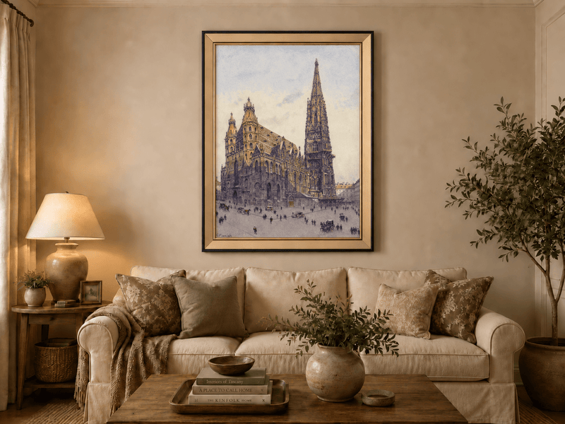 Landscape Oil Painting - Grand Gothic Cathedral Square City Life