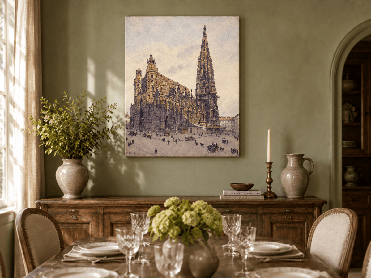 Landscape Oil Painting - Grand Gothic Cathedral Square City Life