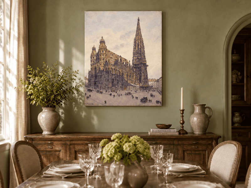 Landscape Oil Painting - Grand Gothic Cathedral Square City Life