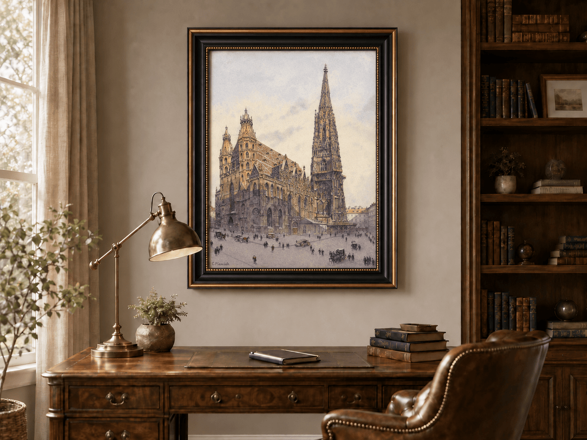 Landscape Oil Painting - Grand Gothic Cathedral Square City Life