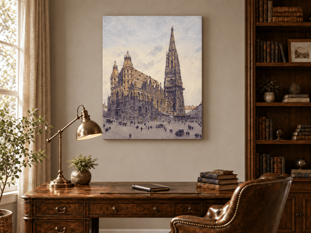 Landscape Oil Painting - Grand Gothic Cathedral Square City Life