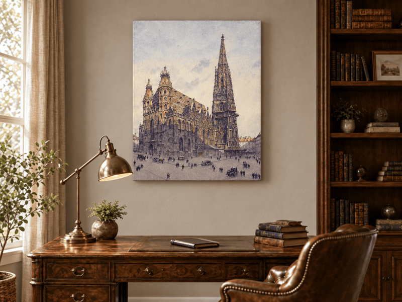Landscape Oil Painting - Grand Gothic Cathedral Square City Life