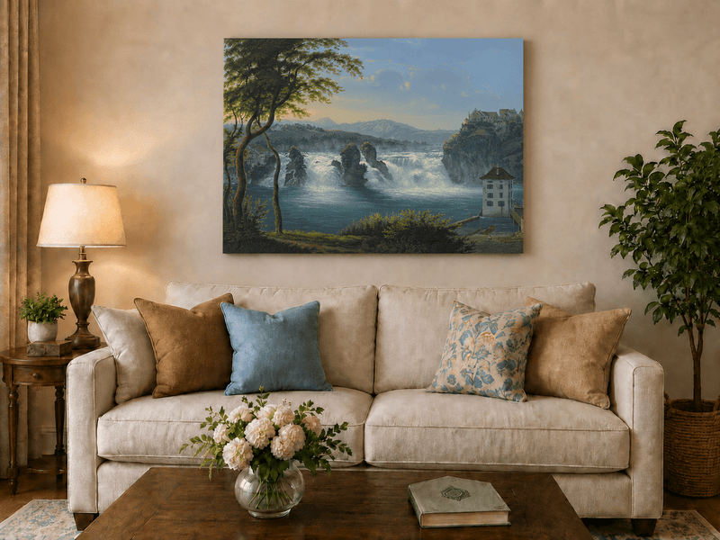 Landscape Oil Painting - Grand Waterfall and Riverside Castle