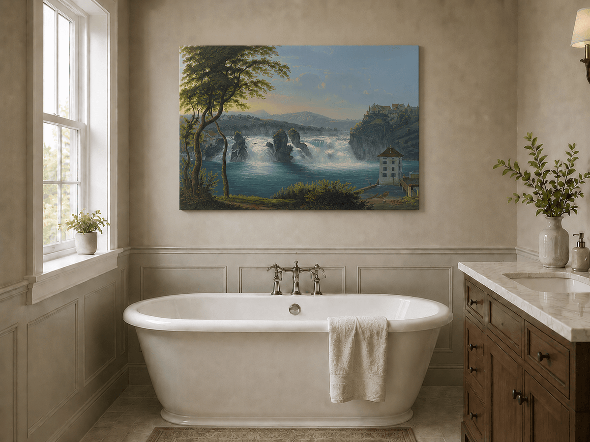 Landscape Oil Painting - Grand Waterfall and Riverside Castle