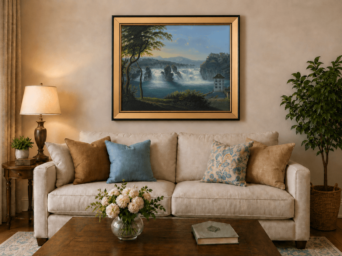 Landscape Oil Painting - Grand Waterfall and Riverside Castle