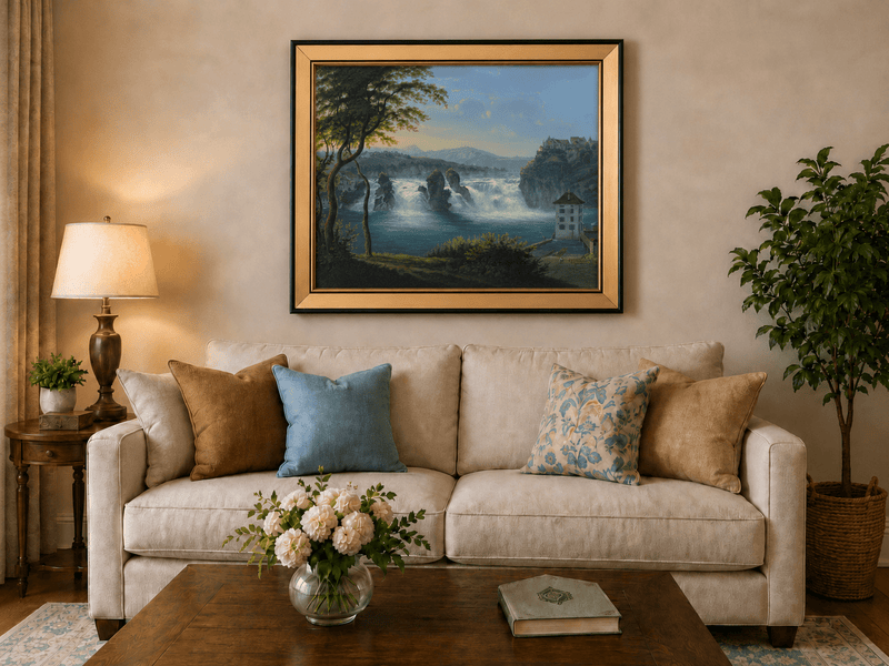 Landscape Oil Painting - Grand Waterfall and Riverside Castle