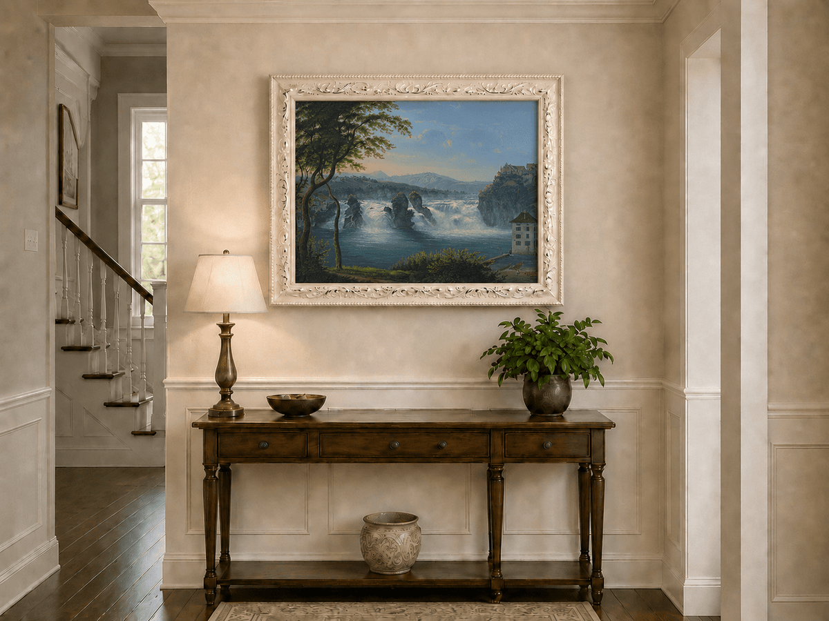 Landscape Oil Painting - Grand Waterfall and Riverside Castle