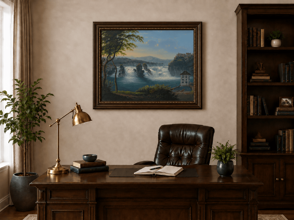 Landscape Oil Painting - Grand Waterfall and Riverside Castle