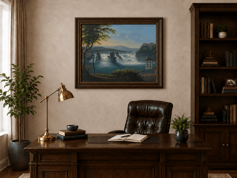 Landscape Oil Painting - Grand Waterfall and Riverside Castle
