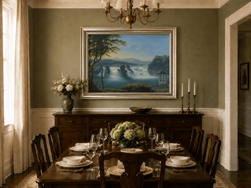 Landscape Oil Painting - Grand Waterfall and Riverside Castle