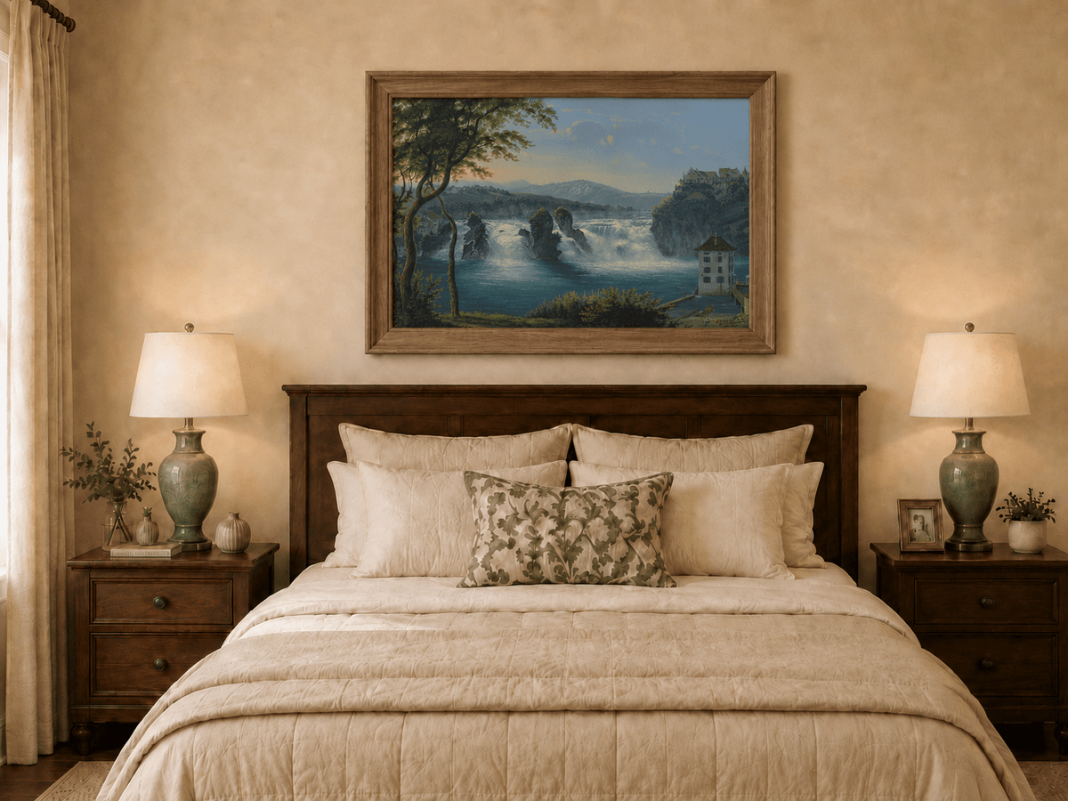 Landscape Oil Painting - Grand Waterfall and Riverside Castle
