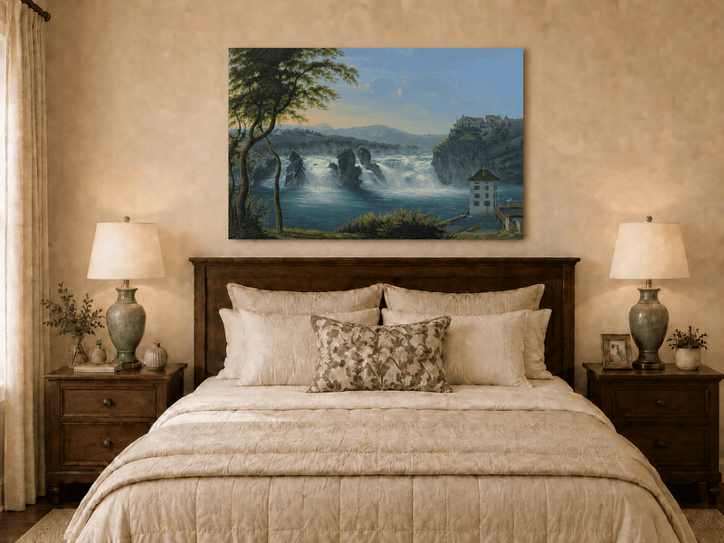 Landscape Oil Painting - Grand Waterfall and Riverside Castle
