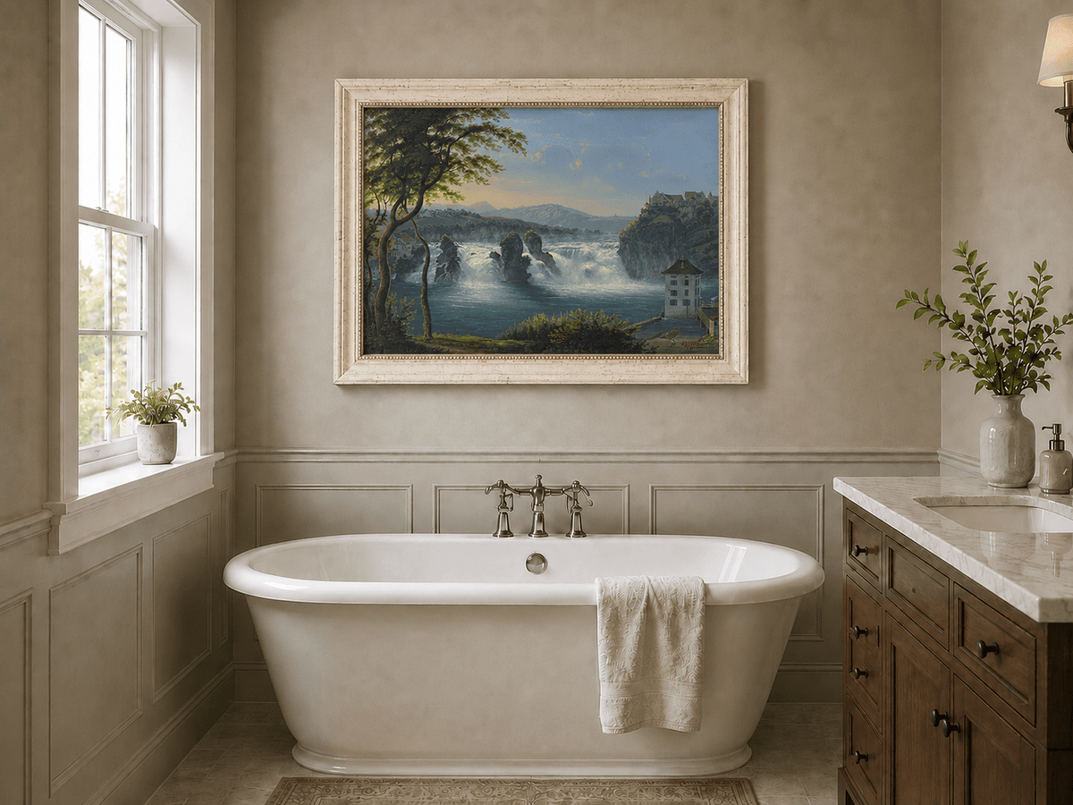 Landscape Oil Painting - Grand Waterfall and Riverside Castle