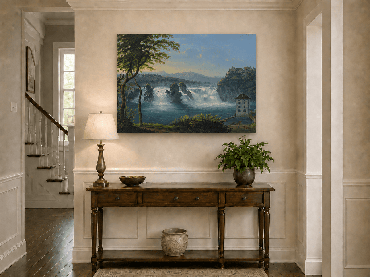 Landscape Oil Painting - Grand Waterfall and Riverside Castle
