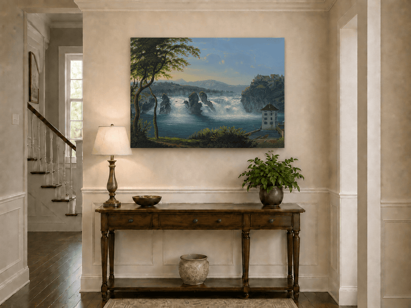 Landscape Oil Painting - Grand Waterfall and Riverside Castle