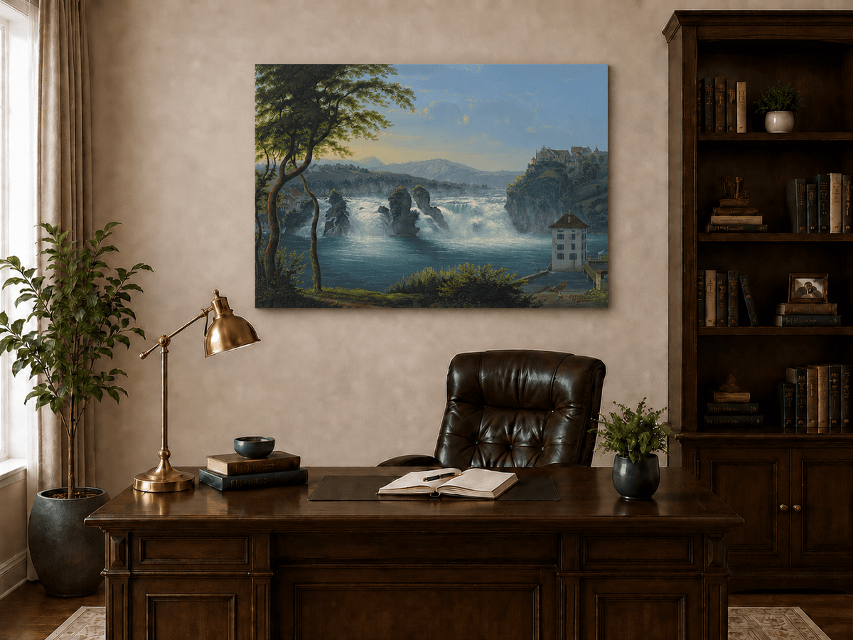 Landscape Oil Painting - Grand Waterfall and Riverside Castle