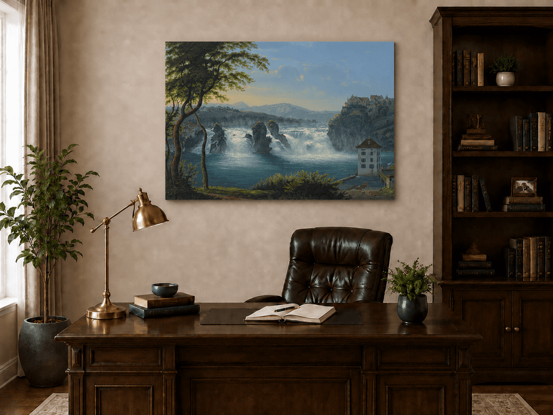 Landscape Oil Painting - Grand Waterfall and Riverside Castle