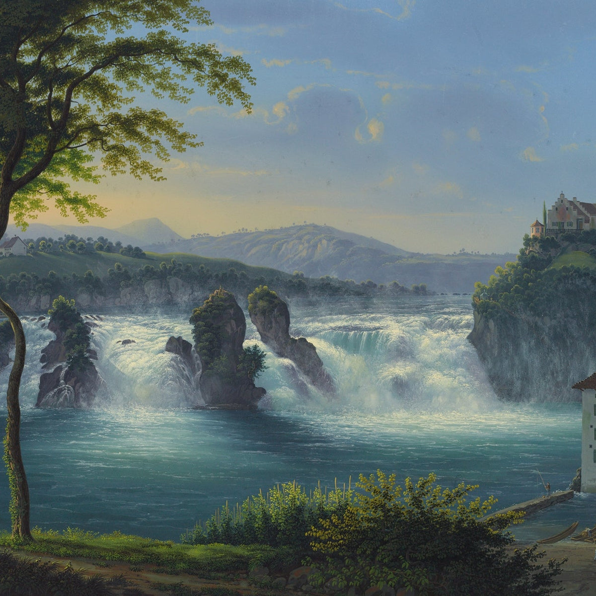 Hand-painted grand waterfall and riverside castle landscape oil painting on canvas