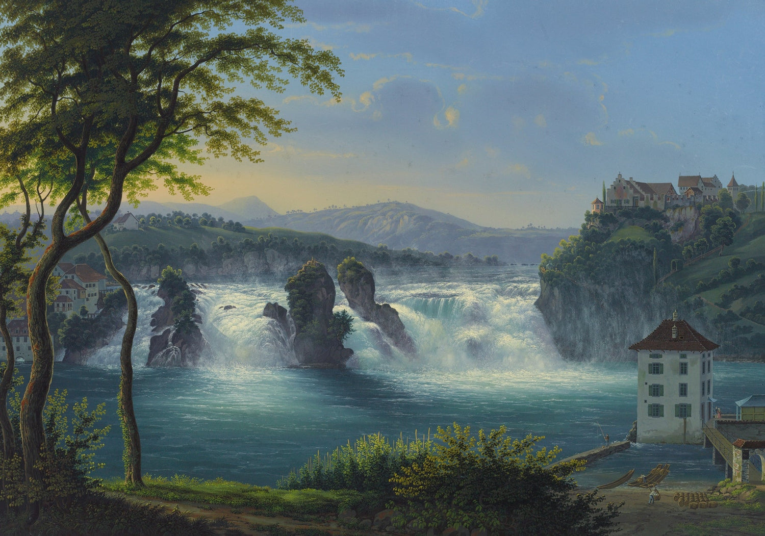 Hand-painted grand waterfall and riverside castle landscape oil painting on canvas