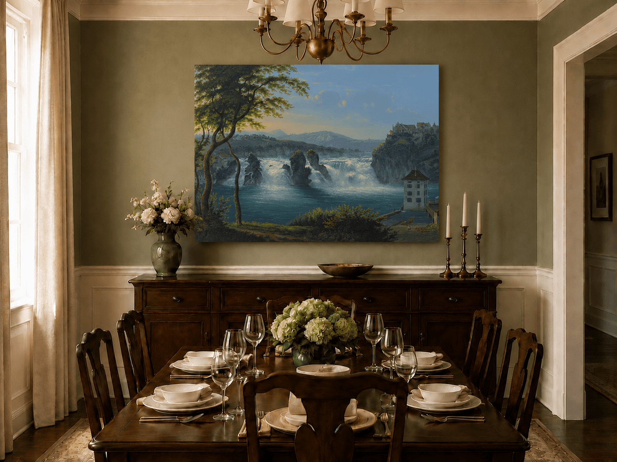 Landscape Oil Painting - Grand Waterfall and Riverside Castle