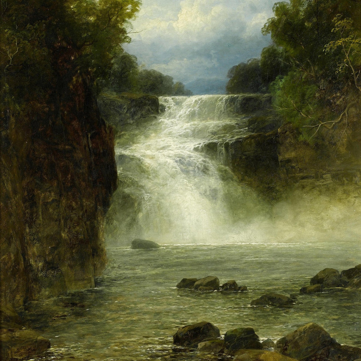 Hand-painted grand waterfall in forest gorge landscape oil painting on canvas