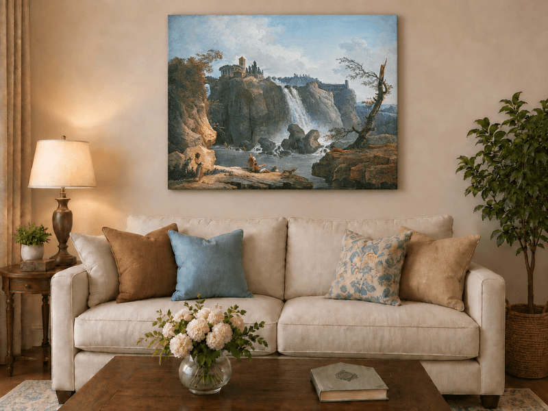 Landscape Oil Painting - Grand Waterfall with Classical Ruins