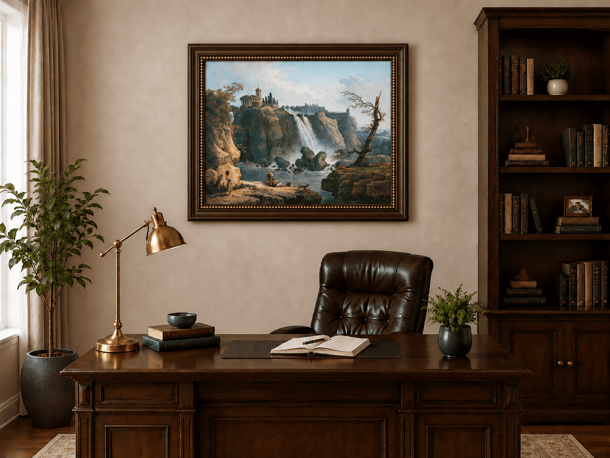 Landscape Oil Painting - Grand Waterfall with Classical Ruins