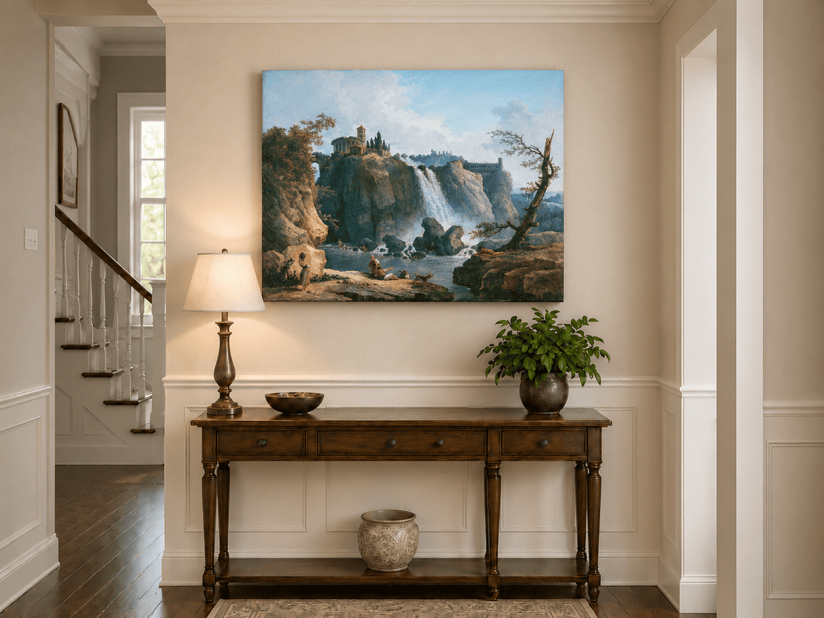 Landscape Oil Painting - Grand Waterfall with Classical Ruins