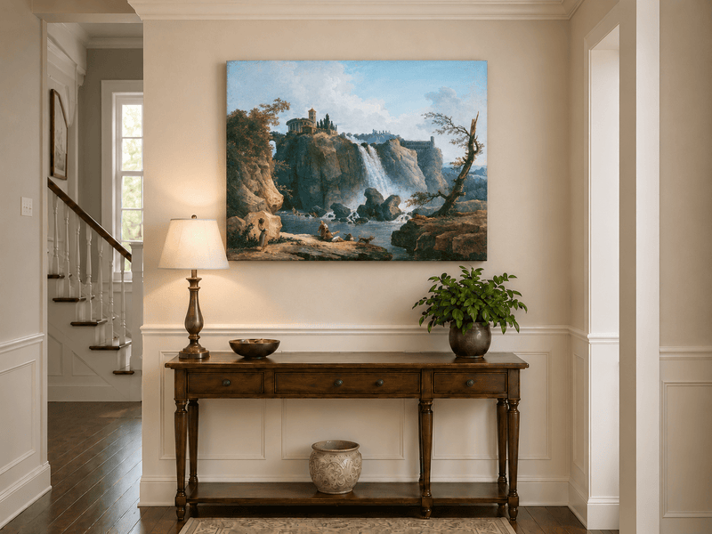 Landscape Oil Painting - Grand Waterfall with Classical Ruins