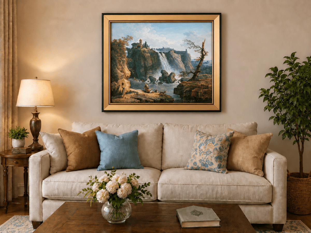 Landscape Oil Painting - Grand Waterfall with Classical Ruins